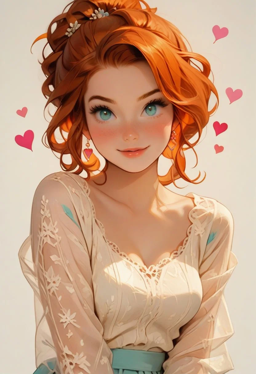 score_9,score_8_up, score_8, perfect cute face, perfect eyes, perfect hands, perfect feet, (PG-rated) 1girl, sexy 24yo redhead, freckles, updo bun, sexy pose, teasing, rompers with thigh high lace stocking and cute mules, medium perfectly round breasts, looking directly at viewer, hourglass body,highest quality,yuri-style, cute, hearts, bright colours, candy, hands behind back