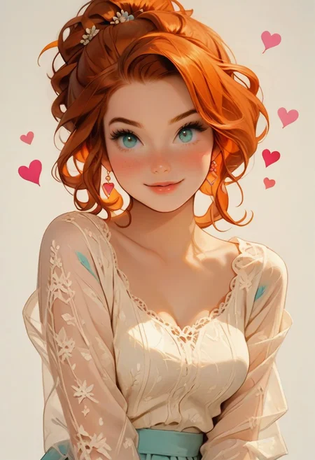 score_9,score_8_up, score_8, perfect cute face, perfect eyes, perfect hands, perfect feet, (PG-rated) 1girl, sexy 24yo redhead, freckles, updo bun, sexy pose, teasing, rompers with thigh high lace stocking and cute mules, medium perfectly round breasts, looking directly at viewer, hourglass body,highest quality,yuri-style, cute, hearts, bright colours, candy, hands behind back