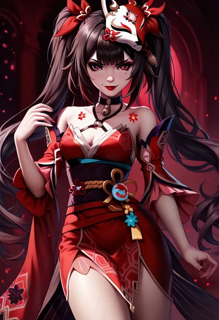 Sparkleee_Honkai
red_eyes, black_hair, twintails, long_hair, mole_under_eye, tattoo, small_breasts
red_eyes, black_hair, twintails, long_hair, mole_under_eye, tattoo, small_breasts, neck_bell, halterneck, black_choker, mask_on_head, black_sash, bare_shoulders, cleavage, detached_sleeves, red_dress, tasse
Smirk, make up, white face, red lipstick, black mascara
solo girl, dancing,
red hotel room background, plushies and toys, red lamps, night
Detailed background, detailed, DNDFG, Detailed drawing, Fixhand