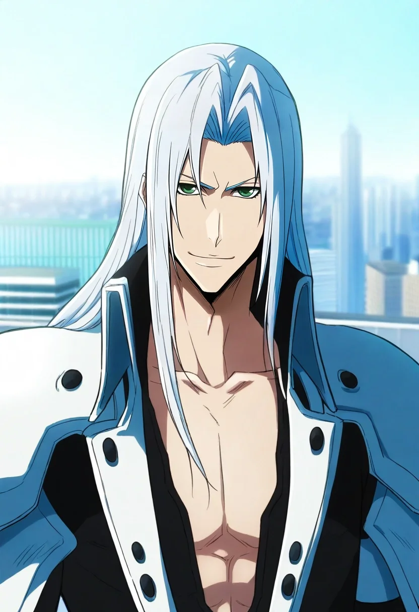 masterpiece, best quality, , , looking at viewer, depth of field, 1boy, male focus, 1boy, sephiroth, silver hair, green eyes, long hair, solo, upper body, rooftop, tokyo \(city\), building, skyscraper, day, spread legs, smile, <lora:bleach_tybw_style_ilxl:0.9>, bleach_tybw_style,