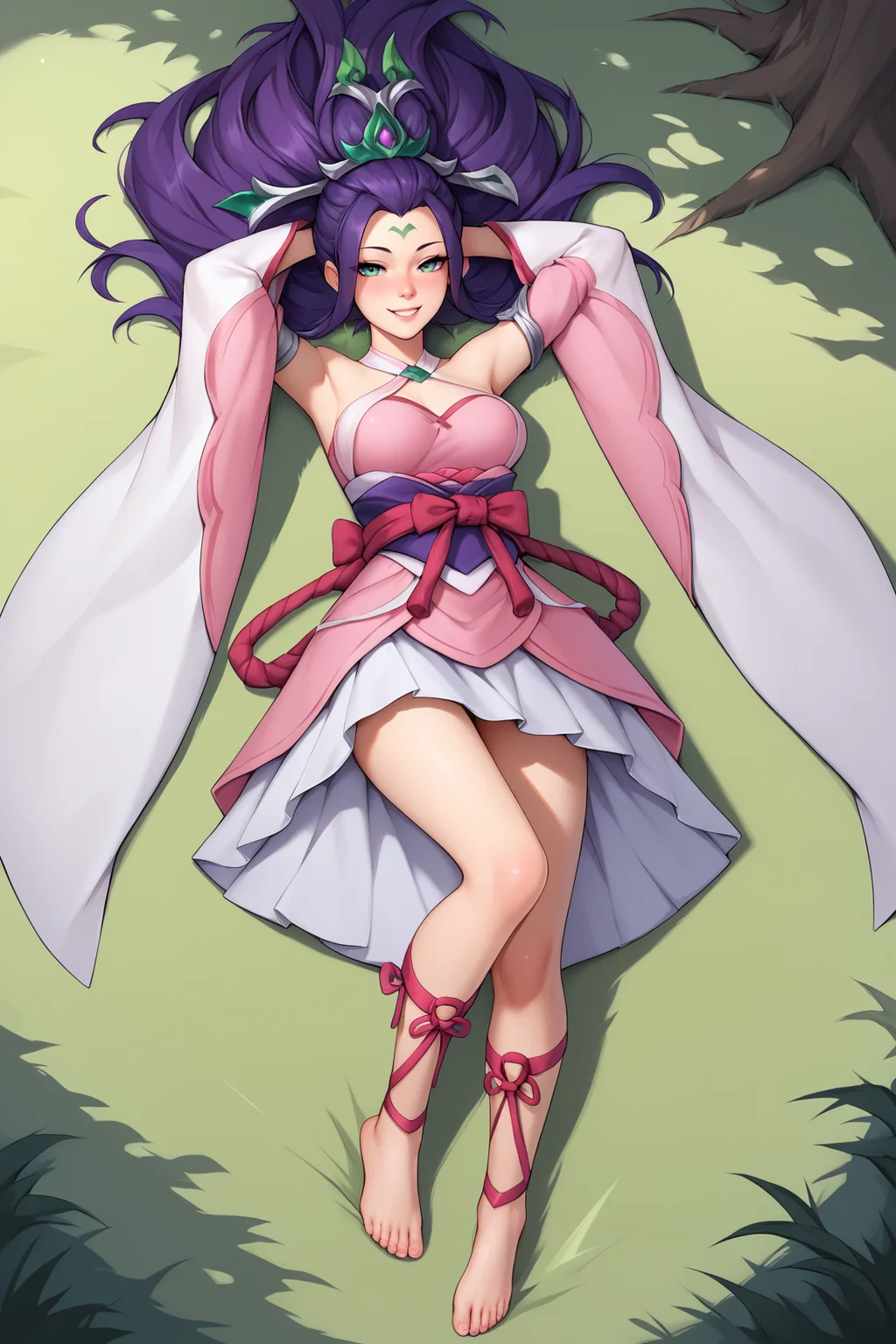 score_9, score_8_up, score_7_up, score_6_up, BREAK, JannaSSPXL, green eyes, purple hair, long hair, hair ornament, forehead, medium breasts, bare shoulders, pink dress, detached sleeves, long sleeves, purple sash, pink ribbon, white skirt, leg ribbon, barefoot, solo, full body, (lying on grass), on back, arms behind head, seductive smile, looking at viewer, naughty face, nose blush, forest, tree   <lora:JannaSSPXL:0.8>