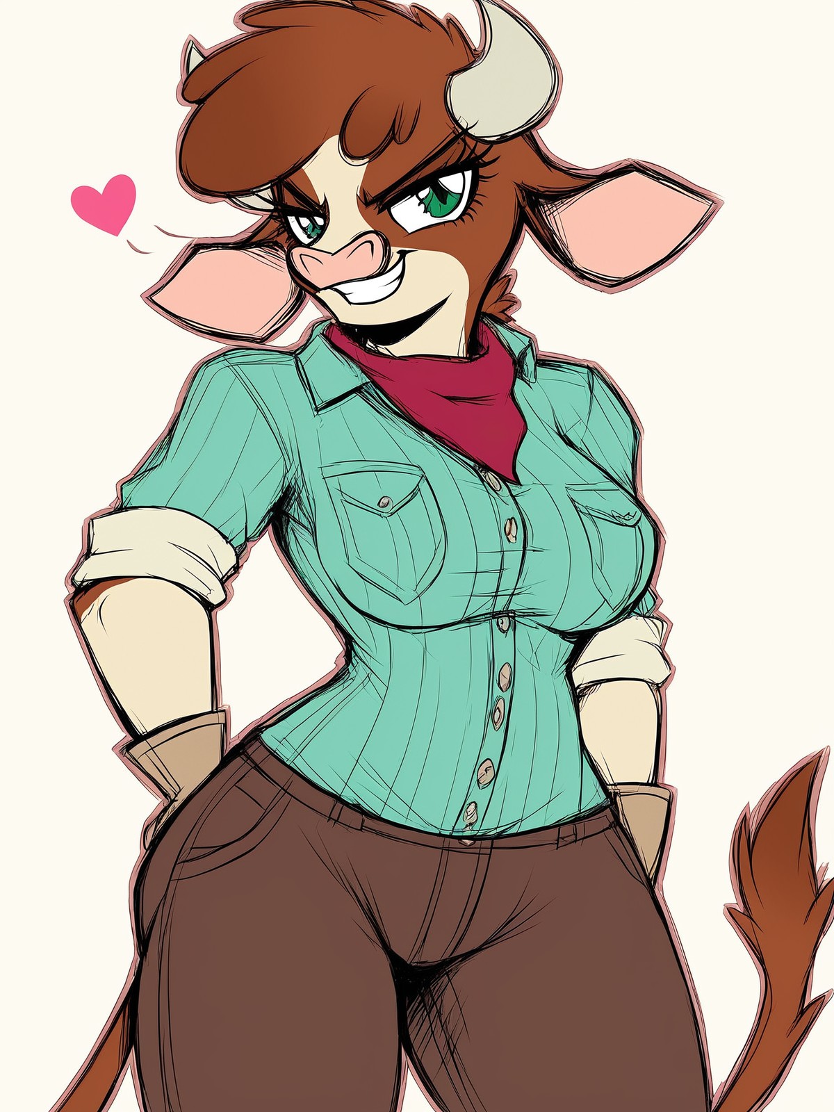 score_9,score_8,source_furry,
<solo:1.5>,
<1girl:1.5>,
arizona_fherds,
cow_girl,
1girl,
furry,
furry female,
solo,
breasts,
green eyes,
horns,
tail,
smile,
medium breasts,
brown hair,
animal ears,
snout,
tonned,
tonned body,
cow horns,
looking at viewer,
grin,
cow tail,
cow ears,
thick thighs,
teeth,
anthro,
cow girl,
furrification,
<simple background:1.5>,
<white background:1.5>,
<lora:Arizona_Fherds_Pony_SDXL:1> arizona_fherds,  
<lora:90s4n1m3XLP:1.25> 90s4n1m3, angry,
teeth,
clenched teeth,
pop vein,