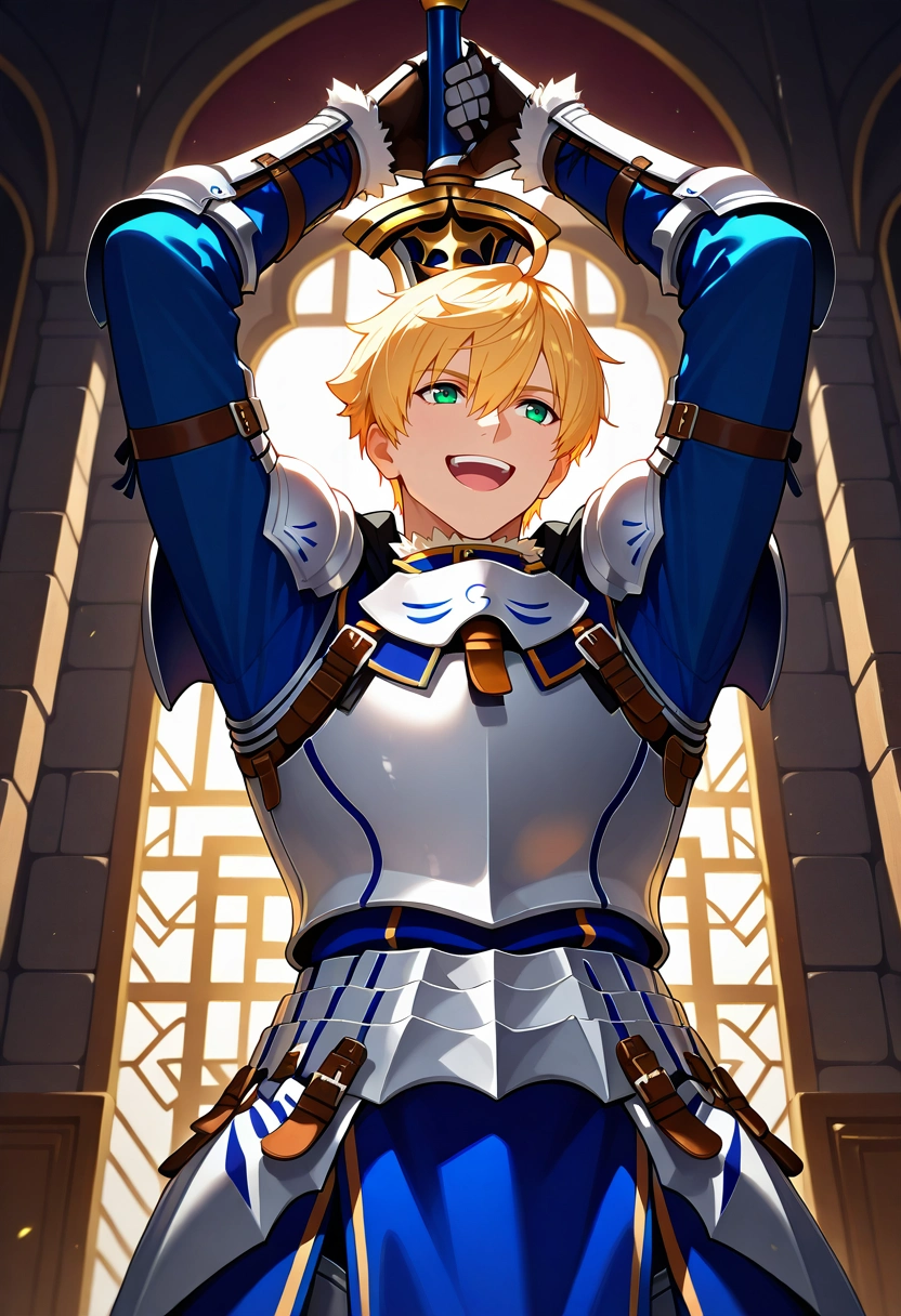 masterpiece, best quality, intricate details, (photorealistic:0.6), , 1boy, solo, male focus, <lora:arthur_pendragon_fate_ilxl:0.9>, arthur_pendragon_fate, blonde hair, green eyes, short hair, ahoge, hair between eyes, bangs, armor, breastplate, gauntlets, pauldrons, shoulder armor, , holding sword, from below, great wall of china, light, arms up, laughing,