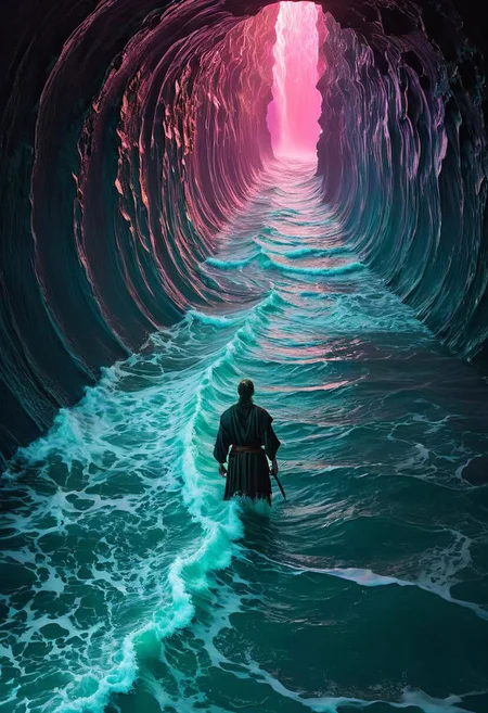 A Scene by Guy ritschie Captures the dystopian casual essence of moses as feudal Ninja, the Moment he relentlessly splits up the sea into two gigantic neon-pastel water column waves and creating a Long path through the water walls, Explore the neon-pastel somber tones and bleak atmosphere in your depiction, emphasizing the eternal struggle and challenge of his plans from a side perspective.