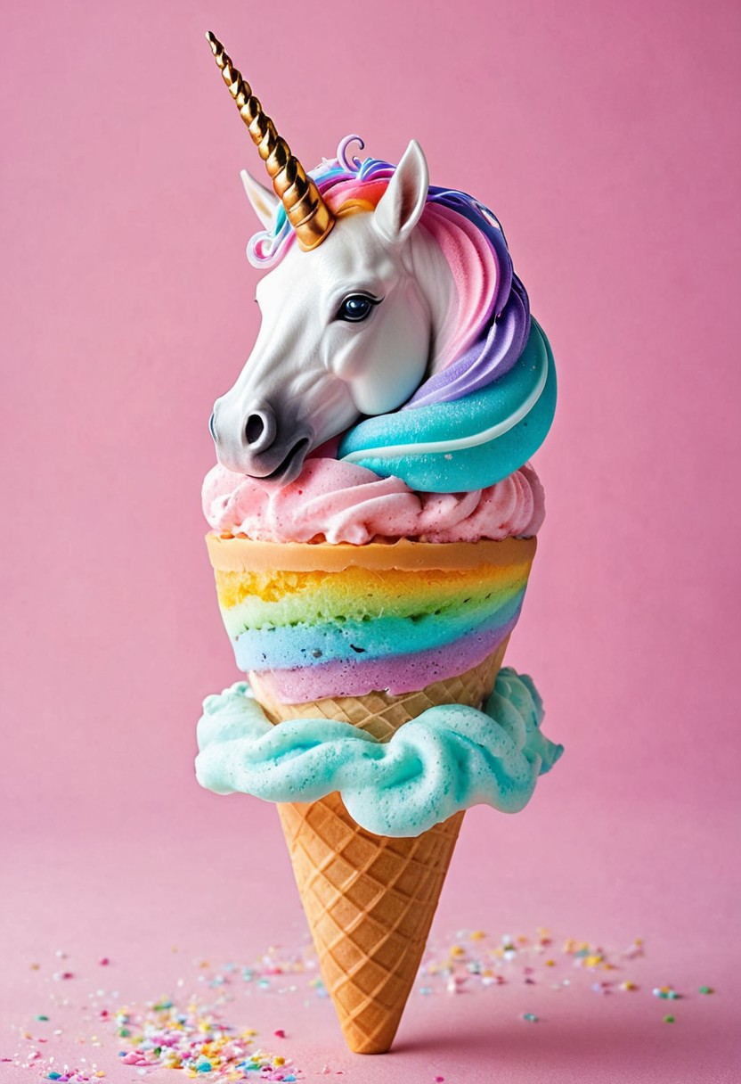 Let's bring this whimsical creature to life as a delightful fusion of an ice cream cone, a unicorn, and a burst of vibrant colors in a cute and charming manner. Picture a playful hybrid creature with a soft-serve ice cream cone as its body, swirled in pastel hues of pink, blue, and yellow, reminiscent of a sweet treat. Atop the ice cream cone sits a majestic unicorn horn, elegantly spiraled and shimmering with iridescent rainbow colors. Its eyes, big and doe-like, sparkle with a mischievous glint, while its mane flows in a cascade of cotton candy-colored strands. The creature's hooves are tiny, dainty scoops of ice cream, each a different flavor, adding a touch of delicious variety. Its tail is a fluffy cotton candy cloud that trails behind it, leaving a sugary-sweet scent in its wake. This enchanting hybrid creature exudes an aura of joy and playfulness, ready to sprinkle a dash of magic and sweetness wherever it goes.