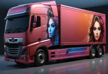 truck, complete truck visible, score_9, score_8_up, score_7_up, score_6_up, score_5_up, score_4_up, UHD, 8K, masterpiece, detailed, ultra_high_resolution, lots of detail, OverallDetailXL, detailxl, lapping car,print car,painted car style, vehicle focus, picture of female face on the truck.