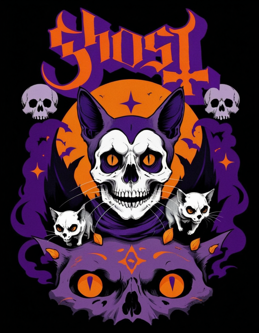 hud_ghst, cat, mouse, skull, [ghost], retro artstyle, <lora:ghost_band_t_shirts-000006:0.7>, purple and orange color scheme