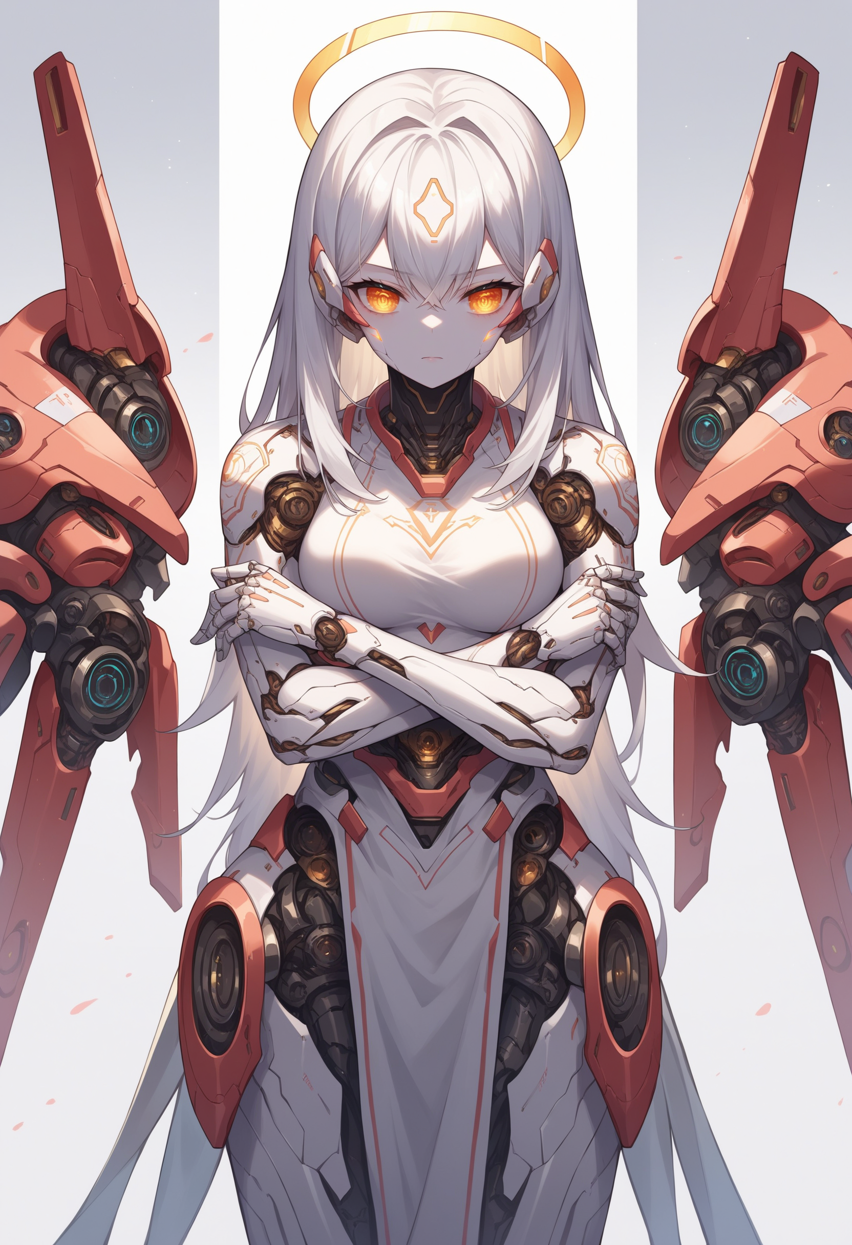 score_9, score_8_up, source_anime,<lora:wrenchsmechsxl-000010:1>,wrenchsmechs, female,white hair, mechanical legs, white skin, white background, mechanical eyes, medium breasts,(4 arms:1.1), glowing markings, halo, crossed arms,