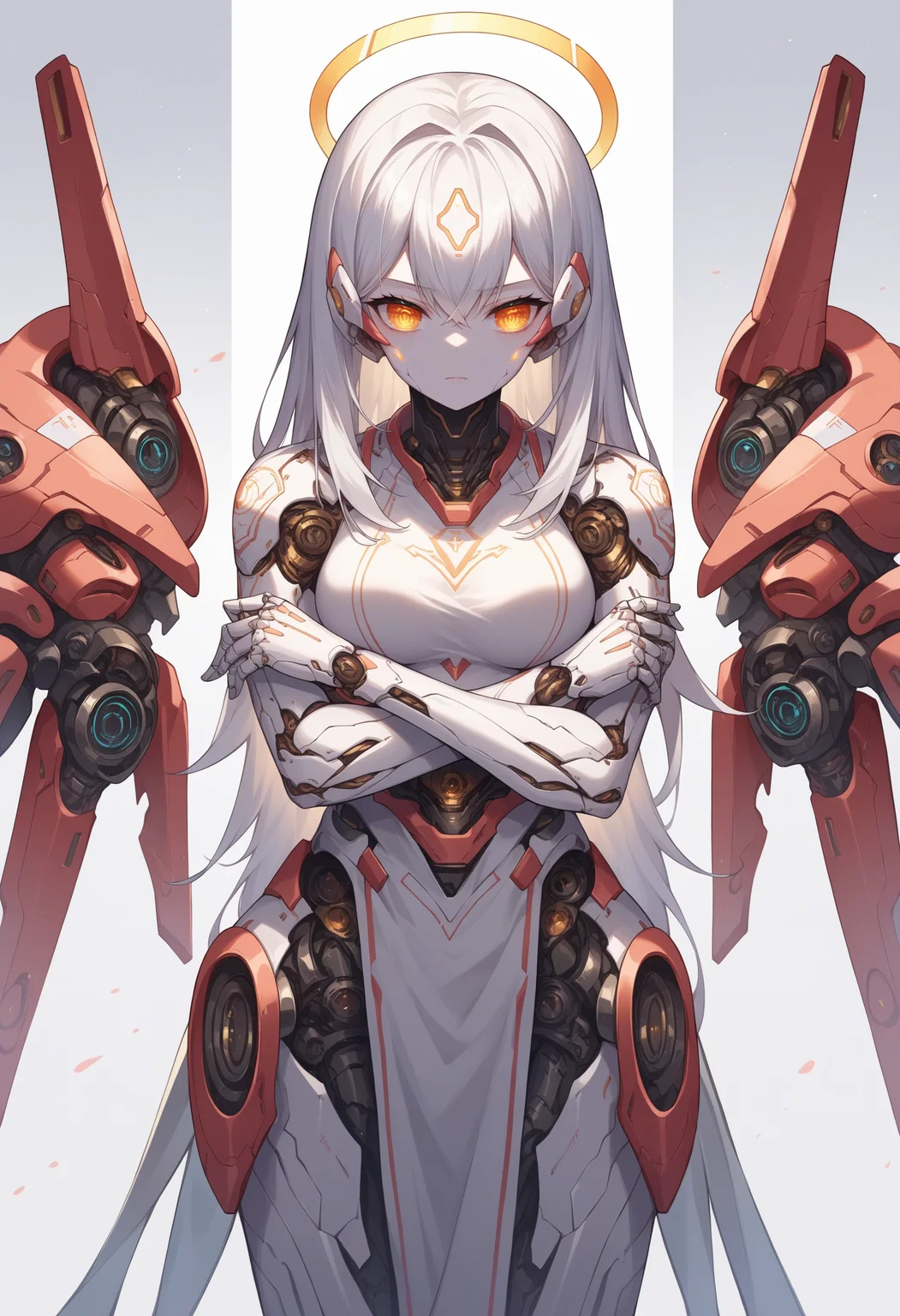 score_9, score_8_up, source_anime,<lora:wrenchsmechsxl-000010:1>,wrenchsmechs, female,white hair, mechanical legs, white skin, white background, mechanical eyes, medium breasts,(4 arms:1.1), glowing markings, halo, crossed arms,