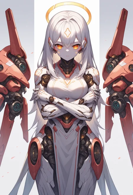 score_9, score_8_up, source_anime,<lora:wrenchsmechsxl-000010:1>,wrenchsmechs, female,white hair, mechanical legs, white skin, white background, mechanical eyes, medium breasts,(4 arms:1.1), glowing markings, halo, crossed arms,