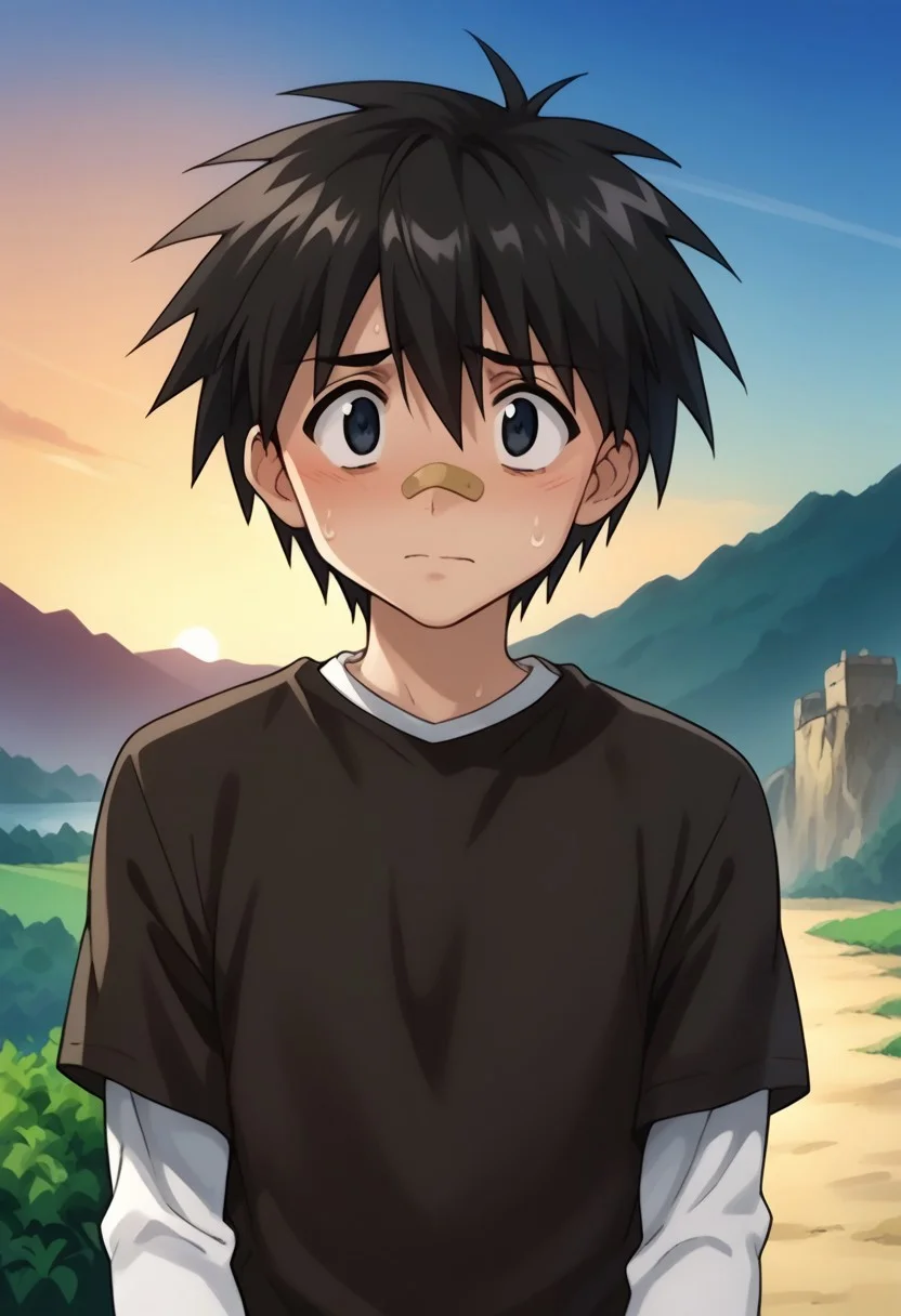 score_9, score_8_up, score_7_up, source_anime, highly detailed,
ikuto, 1boy, male focus, solo, black hair, hair between eyes, black eyes, shirt, black shirt, white shirt, short over long sleeves, bandaid on nose, shaded face, sweat drop, nervous,
outdoor, island, sky, sun, parody,