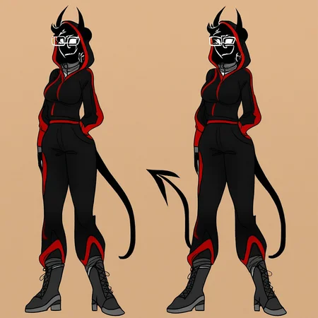 BadBoyHalo, demon, pure black skin, pure white eyes, base outfit, hoodie, hood up, long pants, boots, glasses, Square Glasses, horns, tail, female, breasts