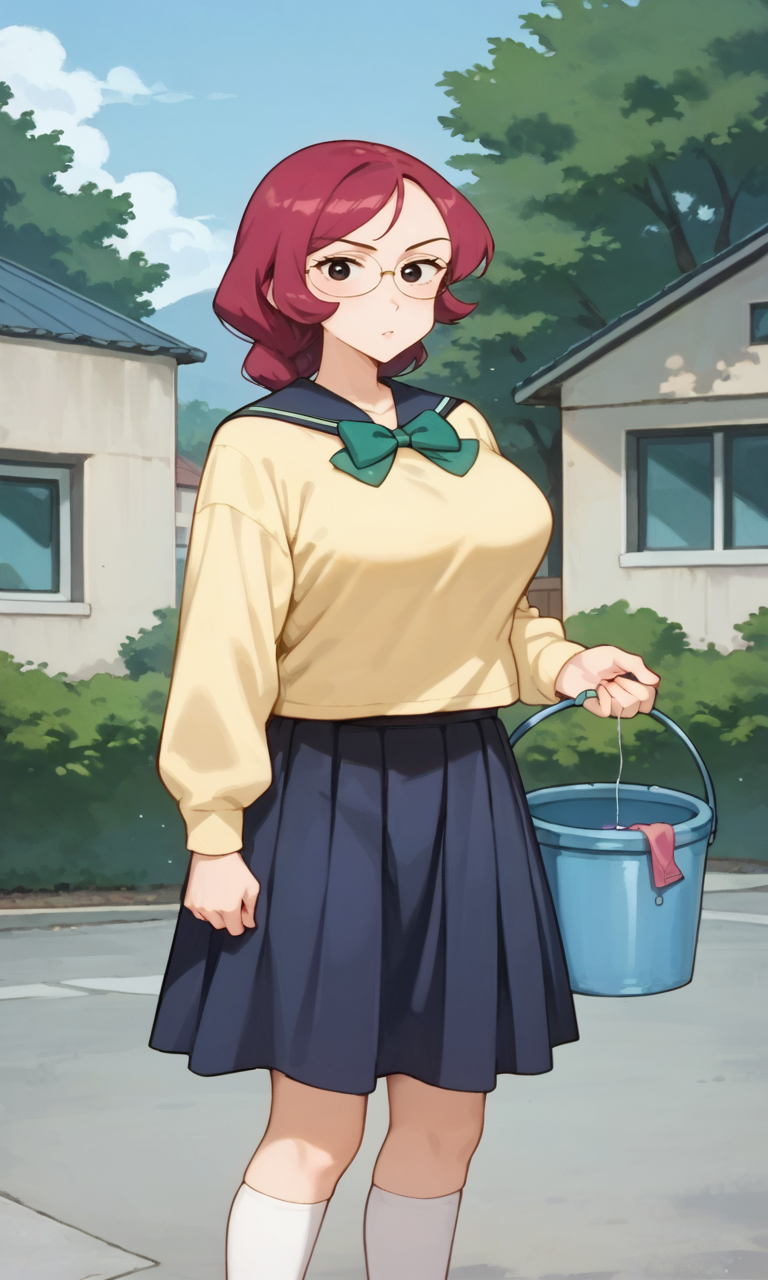 (1girl:1.5), (solo:1.3), (score_9, score_8_up, score_7_up, score_6_up, score_5_up, score_4_up), (source_anime), rating_questionable, looking at viewer, (cowboy shot:1.3), school, outdoors, blue sky, serious,
 (yellow sweater, oversized clothes, long sleeves, blue sailor collar, green bowtie, blue skirt, pleated skirt, miniskirt, white socks, black footwear), (large breasts), <lora:kannazuki-sheila-school_v1:0.9> (kannazuki-sheila), (black eyes, eyelashes, magenta hair, long hair, single braids, parted bangs), (bob bangs, flipped hair, parody hair:1.4), (large breasts), (oval glasses:1.2), 
(holding bucket:1.3), standing,