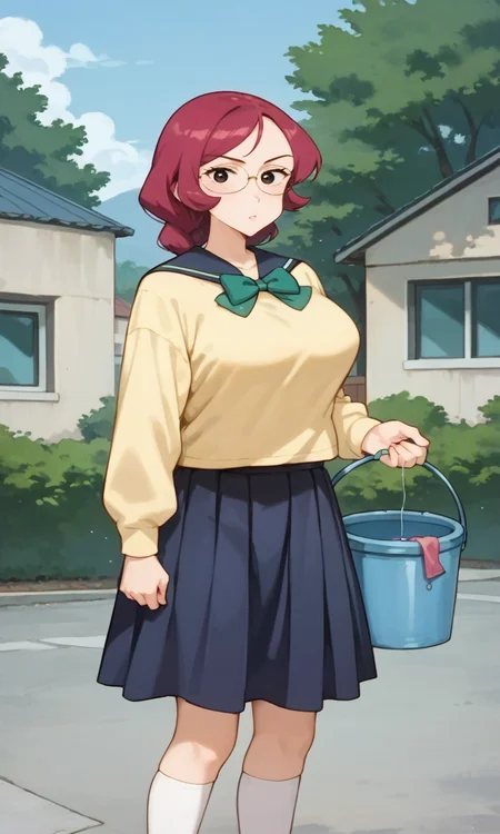(1girl:1.5), (solo:1.3), (score_9, score_8_up, score_7_up, score_6_up, score_5_up, score_4_up), (source_anime), rating_questionable, looking at viewer, (cowboy shot:1.3), school, outdoors, blue sky, serious,
 (yellow sweater, oversized clothes, long sleeves, blue sailor collar, green bowtie, blue skirt, pleated skirt, miniskirt, white socks, black footwear), (large breasts), <lora:kannazuki-sheila-school_v1:0.9> (kannazuki-sheila), (black eyes, eyelashes, magenta hair, long hair, single braids, parted bangs), (bob bangs, flipped hair, parody hair:1.4), (large breasts), (oval glasses:1.2), 
(holding bucket:1.3), standing,
