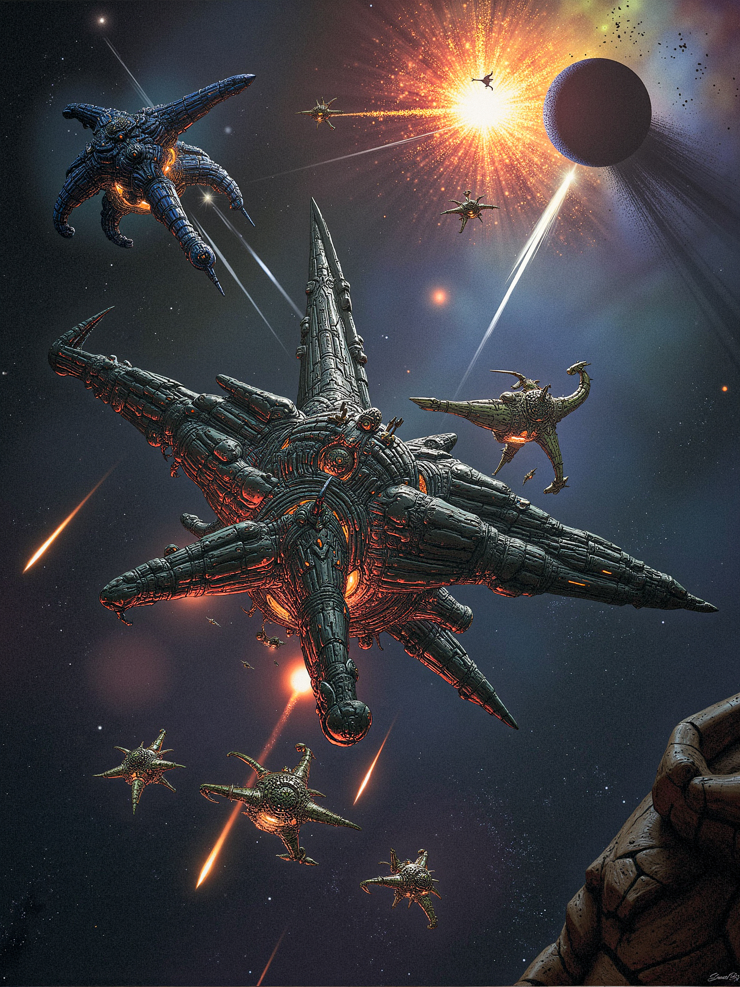 "A cosmic war unfolds in the void of space, with massive starships and alien armadas clashing in an epic battle. The starships are colossal, with intricate designs that blend organic and technological elements. Explosions and beams of energy light up the darkness, as smaller fighter ships dart between the larger vessels. In the distance, a black hole looms, pulling in debris and wreckage, adding a sense of impending doom to the scene." <lora:metal_hurlant_v1:1>