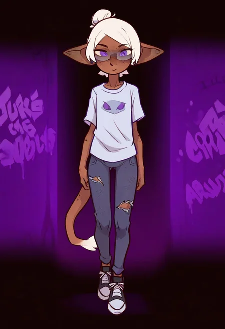 masterpiece, best quality, newest, absurdres, highres, furry, perfect anatomy, (Gwendolyn_Tennyson G0b1),1girl,solo,goblin girl,dark-skinned female,pointy ears,short hair,white hair,single hair bun,purple eyes,semi-rimless eyewear,freckles,colored skin,tail, white shirt, graphic t-shirt, ripped jeans, denim, sneakers, black and white shoes, underpass, graffiti, posing, secluded, solo, solo focus,