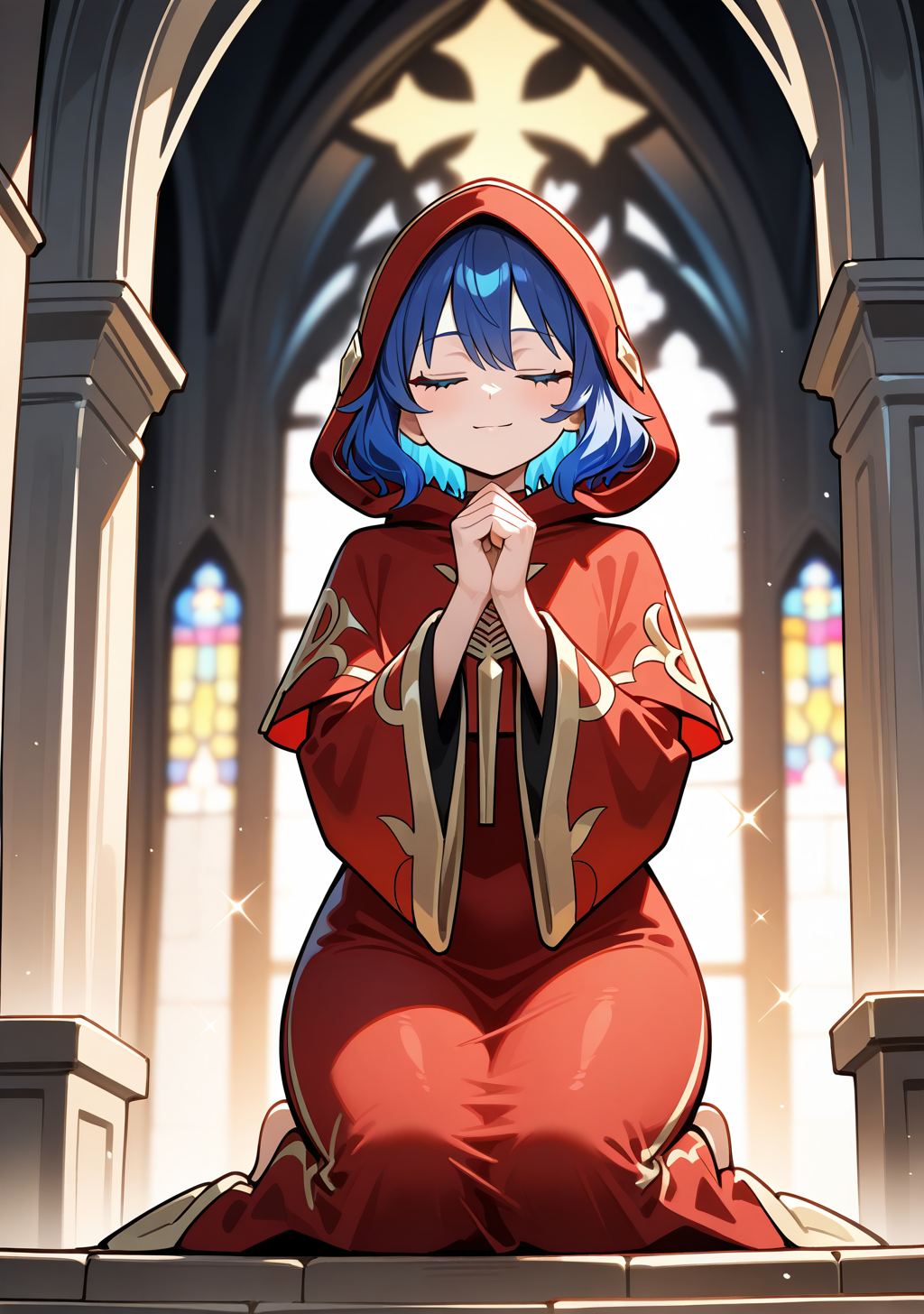 masterpiece, best quality, absurdres, perfect lighting,shiny skin,<lora:spo_sdxl_10ep_4k-data_lora_webui:0.7>,1girl,shukusei_lo, blue eyes, blue hair,short hair, <lora:Voiceless Voice:0.8>,hood,wide sleeves, red dress, long sleeves, cloak,church,pray,own hands together,kneeling,light smile,looking at viewer,closed eyes,light shines,depth of field,solo focus,
