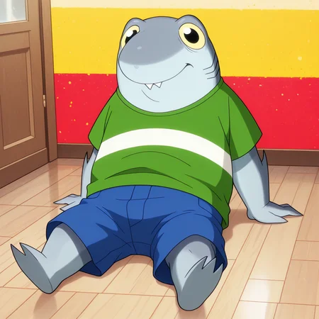 masterpiece, absurdres, colorful, best quality,  detailed background, <lora:ShaunShark-v1-11:1> hq-shaun, shark boy, no humans, (no tail), 1boy, young, plump, sitting, arm_v, arm support, on floor, green t-shirt, blue shorts