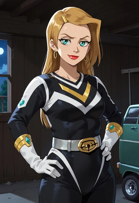 score_9, score_8_up, score_7_up, BREAK,
1girl, solo, Sarah, green eyes, blonde hair, long hair, hairclip, earrings, lipstick, muscular, medium breasts, narrow waist, wide hips, sentaisaintforce, black bodysuit, silver belt, white gloves, spandex, m-shaped chest symbol, helmet removed, no headwear,BREAK,
cowboy shot, smug, half-closed eyes, standing, hand on hip, indoors, garage, night,