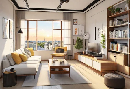 ((front view)), anime-style, modern-style interior, with white walls, (large windows), Nordic-style furniture, a  study, Sofa, coffee table, bookcase, single wall, 
warm light morning sun, (the view of the city)