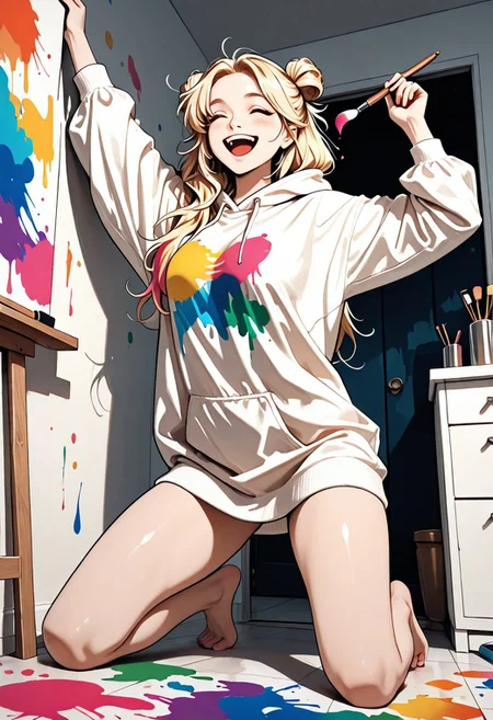 masterpiece, best quality, flat color, 1girl, woman, Bunij, blonde hair, hair buns, brown eyes, large oversized hoodie, hoodie dress, bare legs, bare feet, happy, laughing, Expressiveh, holding paint brush, painting walls, colorfull paint everywhere, dynamic pose, dynamic angle, detailed background, empty room, white walls, colorfull paint splashes on walls, sunny day, highly detailed, zPDXLpg