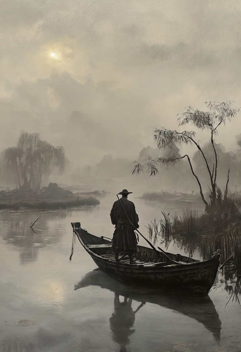 chinese meticulous ink, illustration, ink wash painting, Style-Japan, monochrome, watercolor, ( fine texture, masterpiece, ultra-detailed, very awa, best quality, very aesthetic, absurdres, newest, volumetric lighting, scenery, score_9, score_8_up, score_7_up), brown tones, aged black-red paper, Acer japonicum, inkpunk, surreal, BREAK,
A ghost samurai standing on the edge of swampy wetlands, (at a distance), Will-o'-the-wisp, ethereal, with flowing translucent robes, faint glowing aura, BREAK,
Powerful standing pose, gazing toward the distant city, melancholic expression, serene yet haunting, BREAK,
low angle, one boat slightly off-center, with the ghost facing the background city, BREAK,
Outdoors, swampy wetlands with tall trees, willows, and a bamboo grove, city is faintly visible in the background, illuminated by a soft, eerie glow, BREAK,
Lonely, windy, solitude, surreal, dystopian but extremely beautiful.