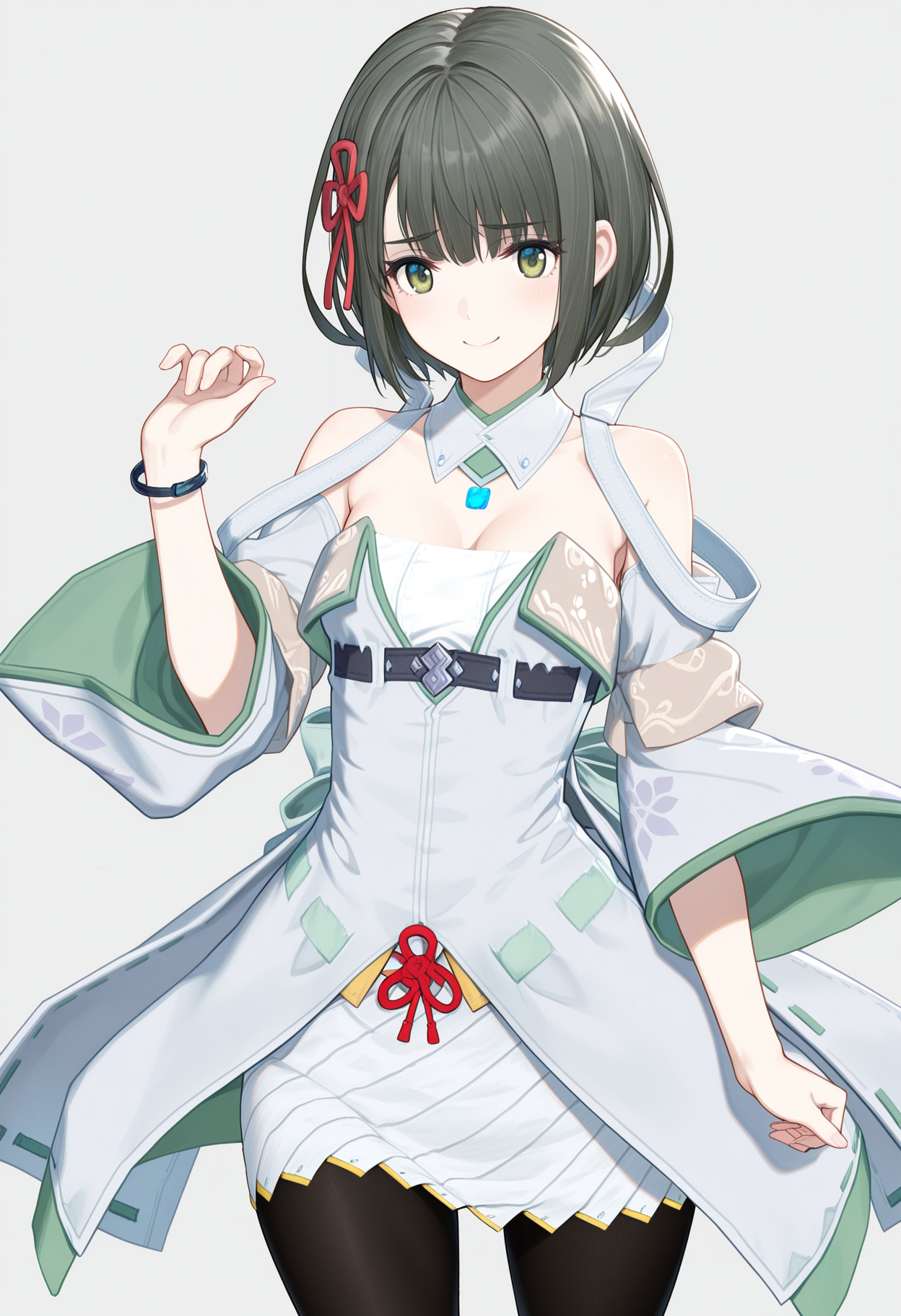 masterpiece, best quality, good quality, 1girl, solo, miyabi \(xenoblade\), green eyes, detached collar, chest jewel, wide sleeves, white dress, striped skirt, black pantyhose, cape, bracelet<lora:miyabi illustrious 039:1>