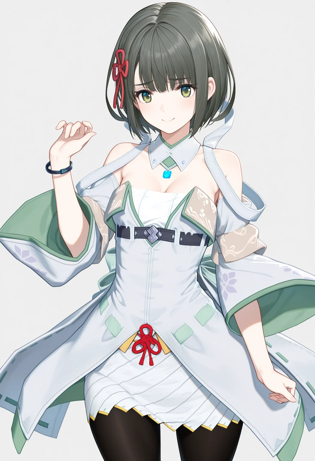 masterpiece, best quality, good quality, 1girl, solo, miyabi \(xenoblade\), green eyes, detached collar, chest jewel, wide sleeves, white dress, striped skirt, black pantyhose, cape, bracelet<lora:miyabi illustrious 039:1>