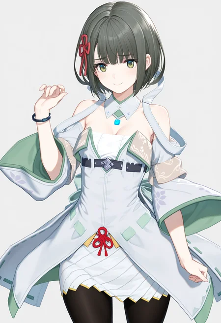 masterpiece, best quality, good quality, 1girl, solo, miyabi \(xenoblade\), green eyes, detached collar, chest jewel, wide sleeves, white dress, striped skirt, black pantyhose, cape, bracelet<lora:miyabi illustrious 039:1>