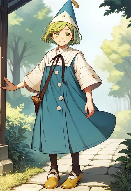 score_9, score_8_up, score_7_up BREAK CocoAtelier, 1girl, light green bob cut, light green eyes, tasseled blue white cone-shaped hat, blue white cape, long-sleeved white shirt, dark leggings, yellow shoes, smiling at viewer, solo, solo focus, anime, source_anime, full body,