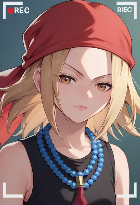 score_9, score_8_up, score_7_up, source anime , 1girl, camera frame <lora:Camera frame-000013:1>  <lora:Anna kyouyama:1> kyouyama anna, blonde hair, short hair, brown eyes, black dress, red bandana, bead necklace,