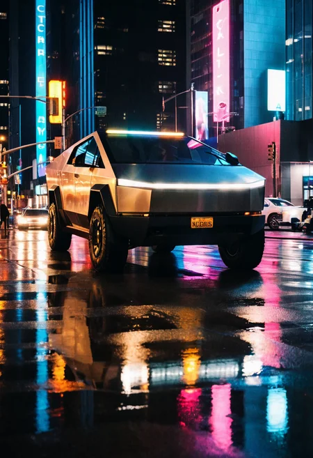cybertruck gleaming, front side view, headlights on, night, wet avenue reflections, neon lights, Manhattan skyscrapers cityscape background, 4K, highly detailed, stylish grainy analog 35mm film photo