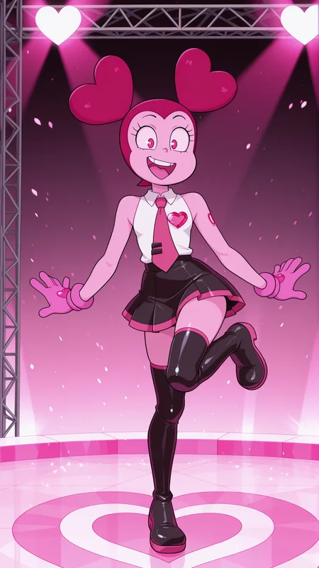 masterpiece,best quality,amazing quality, 1girl, solo, <lora:IlluSpinel:1> illuspnel2, pink eyes, pink hair, gloves, heart, smile, cosplay, hatsune miku, black miniskirt, black thigh boots, white shirt, necktie, stage, open mouth, bare shoulders, standing on one leg,