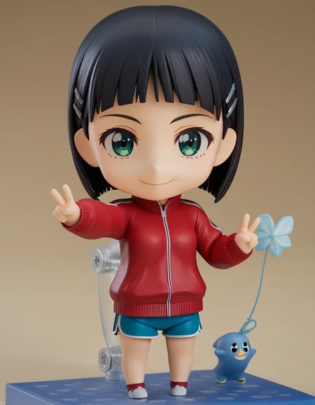 score_9, score_8_up, score_7_up, source_anime, suguhakirigaya, <lora:suguha-kirigaya-s1-ponyxl-lora-nochekaiser:0.5>, suguha kirigaya, short hair, black hair, hair ornament, hairclip, green eyes, jacket, shorts, short shorts, blue shorts, track jacket, dolphin shorts, gym shorts, red jacket, shirt, black shirt,
<lora:nendoroid-figurines-ponyxl-lora-nochekaiser:1>, nendoroid, 1girl, solo, chibi, 3d, smile, v, v over eye,