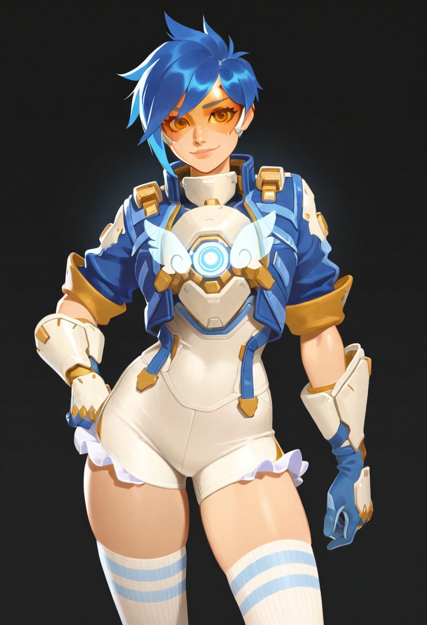 (score_9, score_8, score_7), masterwork, masterpiece, best quality, beautiful eyes, beautiful face, detailed eyes, detailed face, trhoh, 1girl, solo, short blue hair, orange eye visor, blue short jacket, white tight shorts, frilly short pants, white thigh high socks, blue and gold sneakers with wings, glowing chest device with wings, sci-fi gauntlets, slim athletic body, cheerful expression, orange eye visor visible, upper body