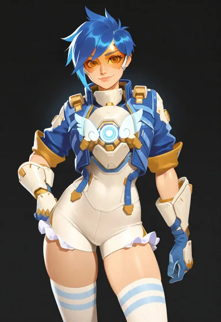 (score_9, score_8, score_7), masterwork, masterpiece, best quality, beautiful eyes, beautiful face, detailed eyes, detailed face, trhoh, 1girl, solo, short blue hair, orange eye visor, blue short jacket, white tight shorts, frilly short pants, white thigh high socks, blue and gold sneakers with wings, glowing chest device with wings, sci-fi gauntlets, slim athletic body, cheerful expression, orange eye visor visible, upper body