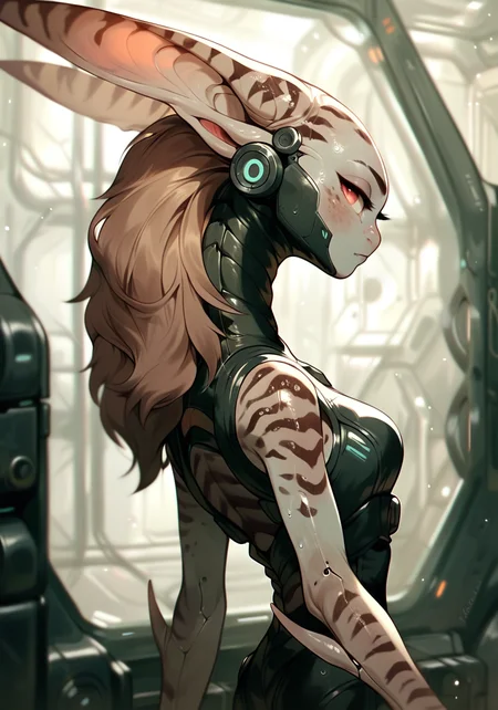 score_9, score_8_up, score_7_up, score_6_up, score_5_up, score_4_up, solo, cute alien girl engineer, long ears, (big evil eyes) , stripes, cute ,pupilless , close up, half closed eyes, wearing futuristic jumpsuit, dirty skin, skinny, engine room of a spaceship, detailed background, medium chest, indoor,(from behind), presenting her back, looking at viewer, sweating, holographic terminals, cleavage
<lora:ToraFurry_XL_PonyV6_p1-t1:0.5>