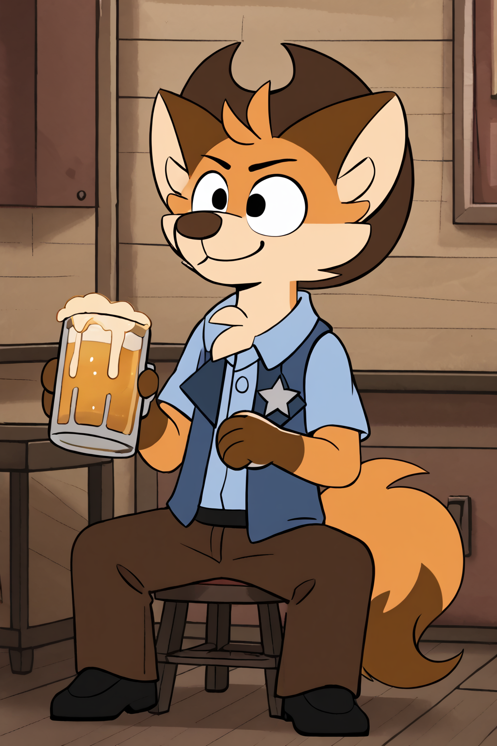 toddhayseed, furry male, fox boy, body fur, orange fur, two-tone fur, short hair, fox ears, black eyes, animal nose, chest tuft, fox tail, cowboy hat, light blue shirt, collared shirt, short sleeves, blue vest, open vest, sheriff badge, brown pants, black shoes, sitting, holding beer mug, smiling, 1boy, solo, full body, long legs, saloon background, indoors, Expressiveh