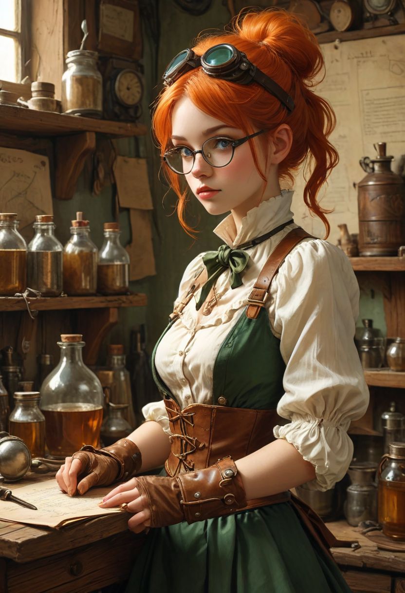 A orange haired Halfling tinker-alchemist preparing potions and gadgets, alchemypunk and clockwork punk motif,  style of , Adam Hughes, Boris Vallejo, Julie Bell, Norman Rockwell,  
{
1woman,
25 year old, 
Merida
(Pointy Ears:1.3),
Orange hair,
(Green eyes,:1.3)
Makeup,
Big Round Eyes,
Fake Eyelashes,
fleshy big lips,
}
(Shortstack:1.2)
side ponytail, Steampunk goggles, goggles on head,  
(Alchemy and Tinker shop, blueprints on walls, tools, potions, bottles, workbench, wooden walls, wood furniture, schematics on wall, blueprints on wall, Interior:1.1)
(Cleavage:1.2), puffy sleeves, puffy skirt, Shirt, brown corset, panty shot, leather belt, Brown Backpack, too many pouches, massive boots, massive gloves