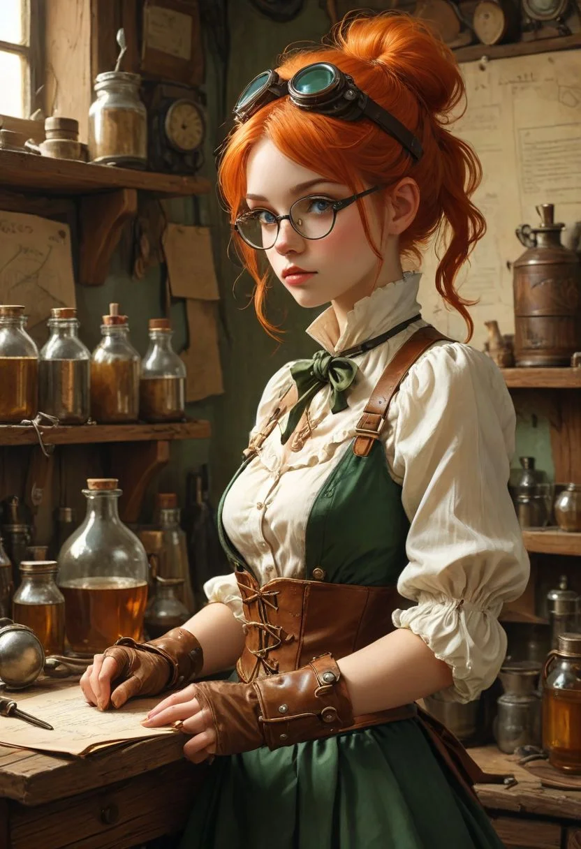 A orange haired Halfling tinker-alchemist preparing potions and gadgets, alchemypunk and clockwork punk motif, style of , Adam Hughes, Boris Vallejo, Julie Bell, Norman Rockwell,
{
1woman,
25 year old,
Merida
(Pointy Ears:1.3),
Orange hair,
(Green eyes,:1.3)
Makeup,
Big Round Eyes,
Fake Eyelashes,
fleshy big lips,
}
(Shortstack:1.2)
side ponytail, Steampunk goggles, goggles on head,
(Alchemy and Tinker shop, blueprints on walls, tools, potions, bottles, workbench, wooden walls, wood furniture, schematics on wall, blueprints on wall, Interior:1.1)
(Cleavage:1.2), puffy sleeves, puffy skirt, Shirt, brown corset, panty shot, leather belt, Brown Backpack, too many pouches, massive boots, massive gloves