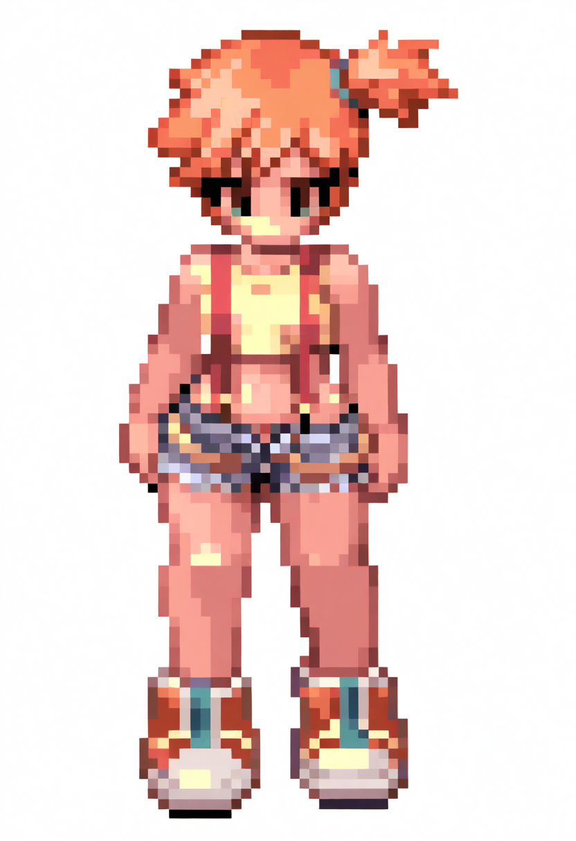 best quality, amazing quality, very aesthetic, absurdres,
pixel, 
1girl, misty \(pokemon\), orange hair, side ponytail, yellow crop top, short shorts, thong, suspenders,
standing,
full body, simple background, white background,  <lora:RagnarokSpriteNoob_byKonan:1>