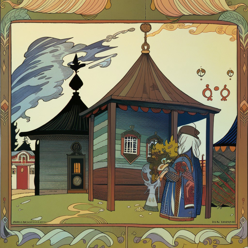 <lora:ivan-bilibin_pony_v1:1> ' asuka ' by bilibin ivan in 1911,design \(genre\),art nouveau \(modern\) \(style\), old Houses, score_9, score_6_up, score_7_up