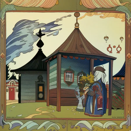 <lora:ivan-bilibin_pony_v1:1> ' asuka ' by bilibin ivan in 1911,design \(genre\),art nouveau \(modern\) \(style\), old Houses, score_9, score_6_up, score_7_up