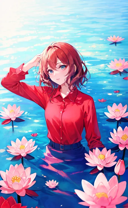 Samia, girl, solo, shirt, looking at you, face, perfect, flowers, high quality, radiant, knight, godly, red shirt, red velvet, water, ocean, lotus