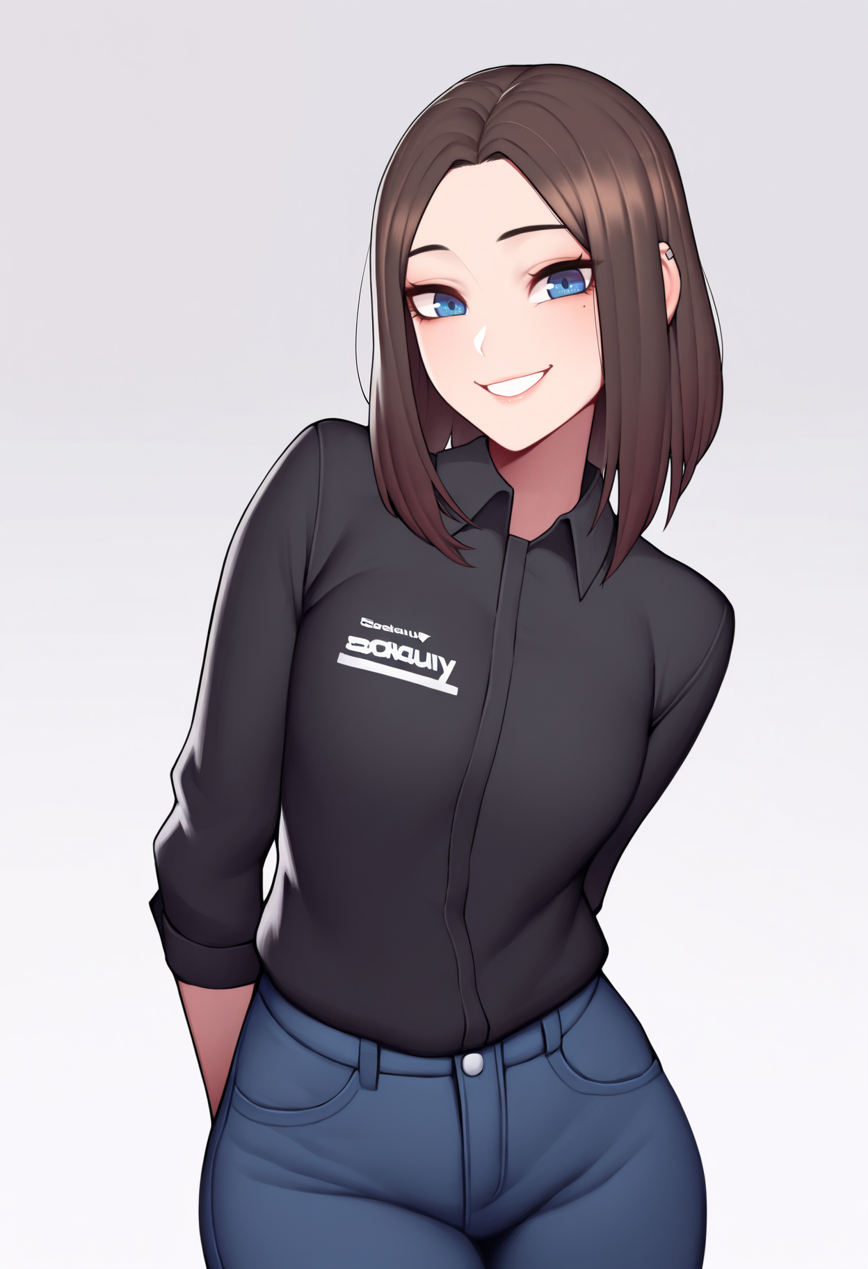 masterpiece, best quality, very aesthetic, absurdres,
1girl, samsamsung, brown hair,  medium hair, blue eyes, mole under eye,
black shirt, jeans,
arms behind back,
smile, solo, looking at viewer, simple background, white background,   <lora:SamSamsungNoobXL_byKonan:1>