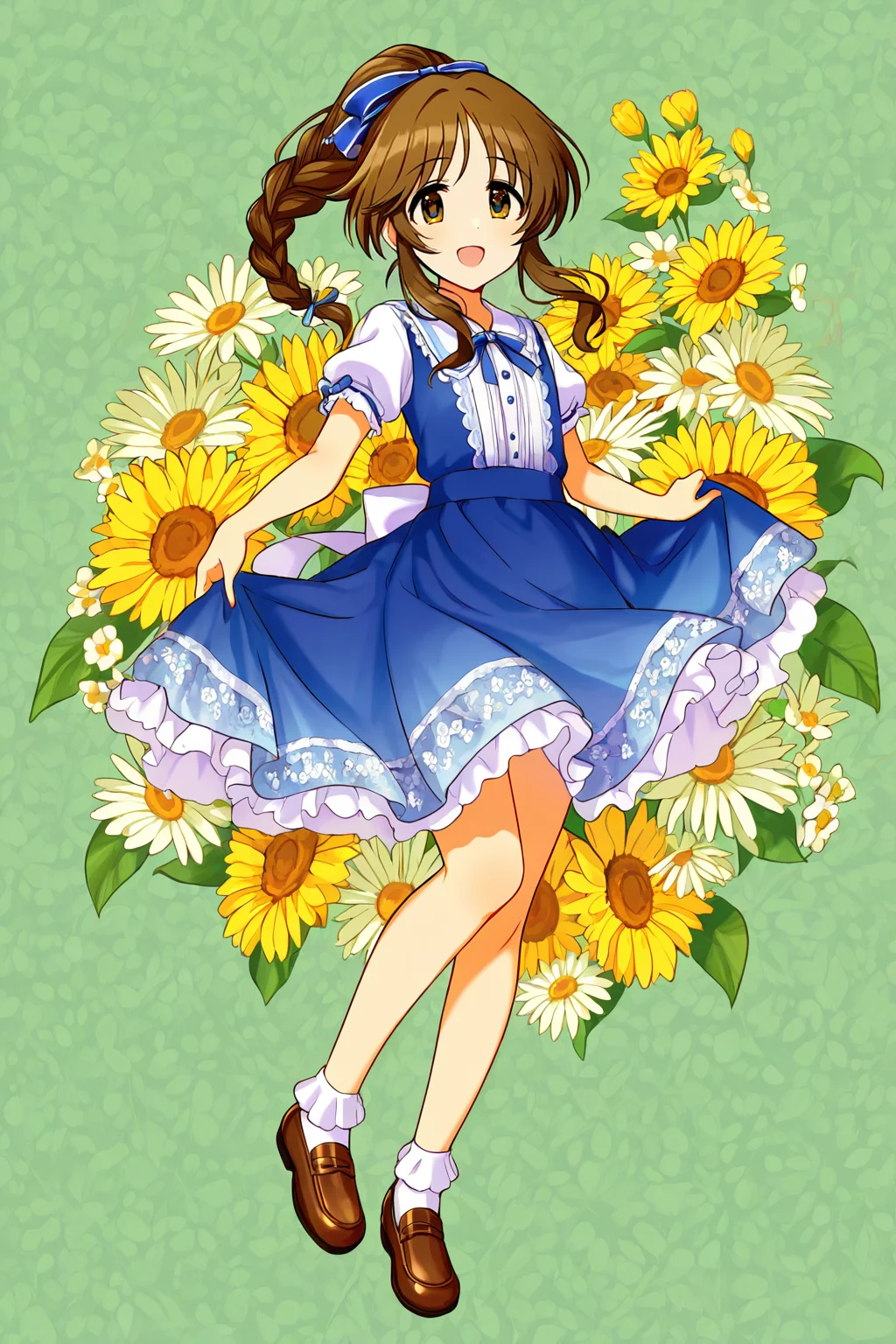 masterpiece,best quality,very aesthetic,absurdres,highres,newest,official art,official style,
1girl,solo,
takamori aiko,brown eyes,brown hair,long hair,sidelocks,
blue dress,blue ribbon,bobby socks,braid,brown footwear,dress,hair ribbon,ponytail,ribbon,short sleeves,socks,white socks,
<lora:eye_focus:1>,eye_focus,
flower,
smile,standing,full body,open mouth,looking at viewer,
<lora:idolmaster_takamori_aiko_ill_v1.0:1>,