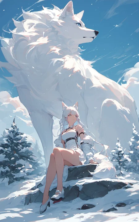 arctic fox ears,white dress,1girl,solo,(score_9,score_8_up,score_7_up),blue sky background with cloud,ground view,by potg,white long hair,full body,sitting in the snow,