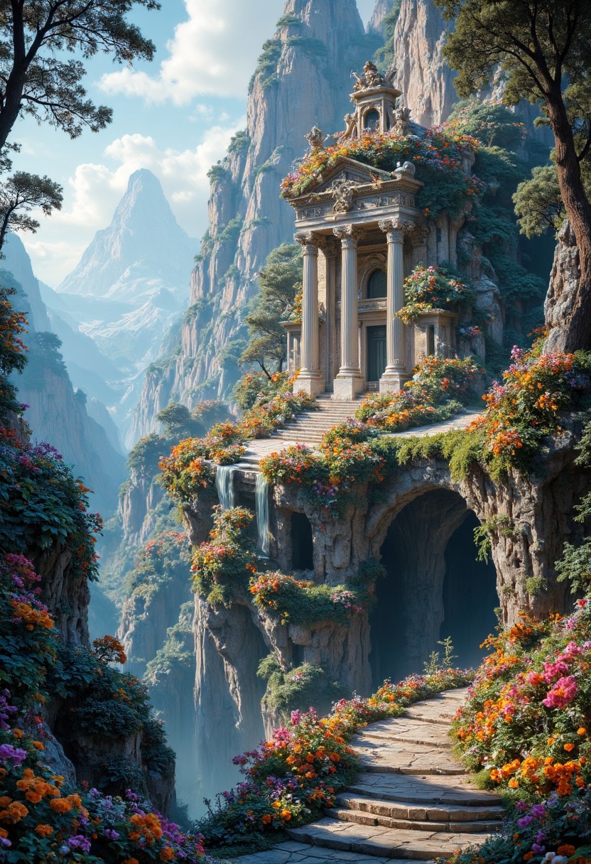 The image depicts a serene, fantastical landscape with ancient architecture. The setting is a combination of a lush, colorful garden with classical architecture, specifically reminiscent of ancient Greek or Roman temples.
The architecture includes grand columns, stone steps, and ornate details typical of ancient classical structures. The building seems to be integrated into the landscape, suggesting a harmonious blend of nature and human creation.
 The scene is rich with flora, with vibrant flowers and greenery surrounding the architecture, enhancing the ethereal quality of the location. There are mountains in the background, adding depth and a sense of grandeur.
The atmosphere is serene, almost heavenly, with a clear sky and soft lighting that suggests either dawn or dusk, adding to the mystical feel.
 The mood conveyed is peaceful, majestic, and slightly otherworldly, as if this place exists in a realm where time moves differently or where magic is commonplace.