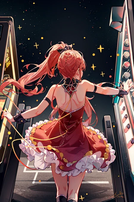 pmmmKyouko, 1girl, solo, cowboy shot, from above, (detailed shiny anime style eyes), flat chest, detailed textures, neon lights, (dancing on an arcade dancing machine), aesthetic, intricate, neon lights, sharp focus, <lora:KyoukoSakura:1>