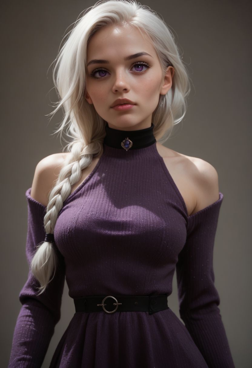 score_9, score_8_up, score_7_up, 1girl, solo, sexy sweater dress, purple dress, long sleeves, bare shoulders, black choker, <lora:Dark_Violet_Pony_v0.1:0.5> d4rkv10l3t, white hair, single braid, purple eyes,